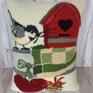 Susan Winget hand hooked cushion and cover.  Sweet bird & birdhouse